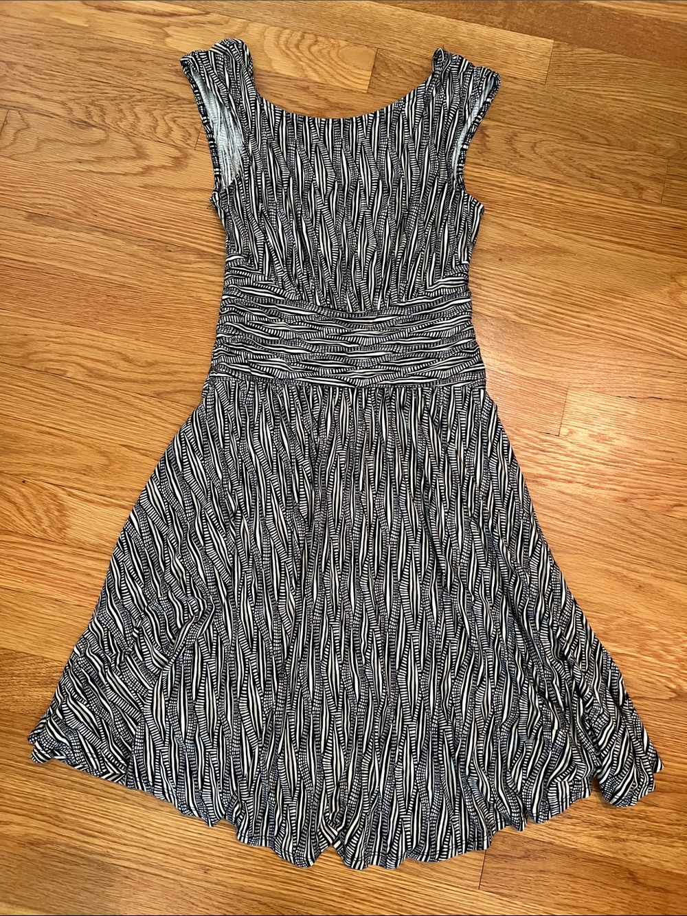 Moulinette Soeurs Black and White Striped Midi Fit-and-Flare Dress